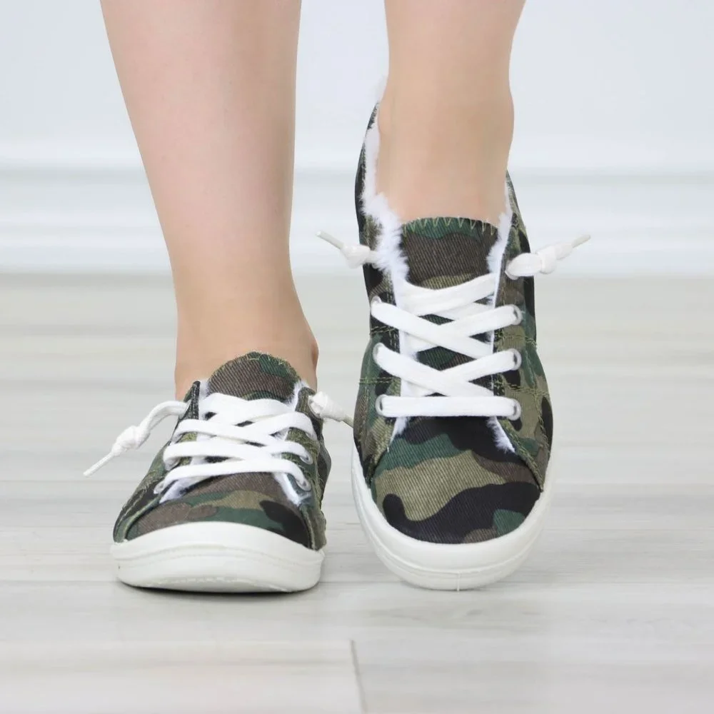 Camouflage Women's Flat Sneakers Canvas Lace Up Round Toe Warm Knit Lining - Picture 1 of 13
